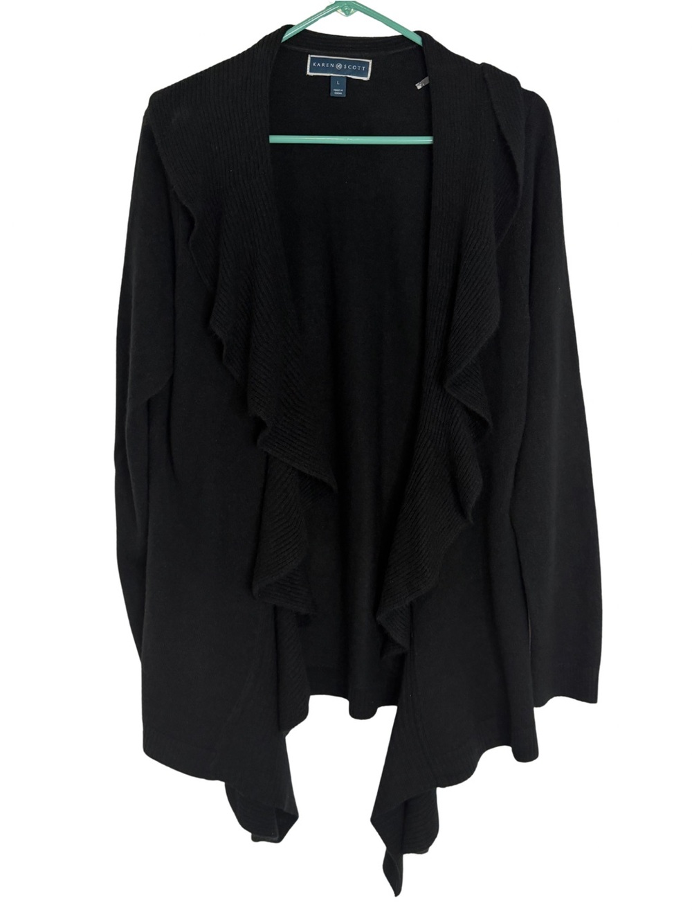 3/$20 Karen Scott Black Ruffle-Trim Open Long Sleeve Cardigan